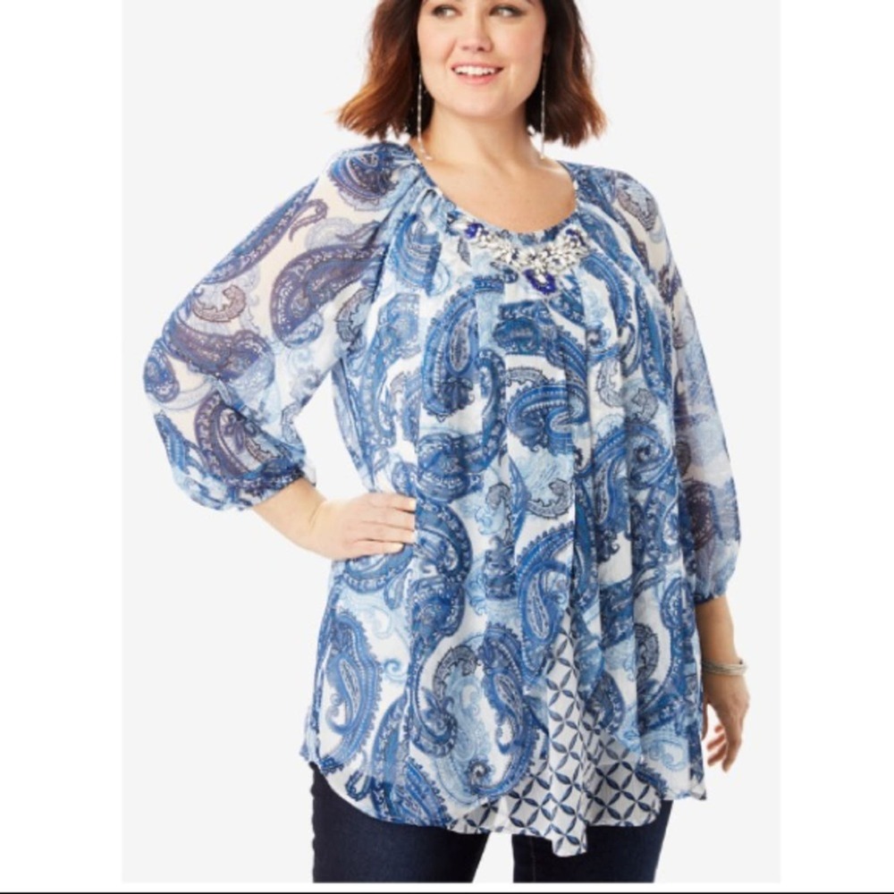 Roaman's  Paisley 3/4 Sleeves Embellished  Jeweled Neck  Print Top Plus …